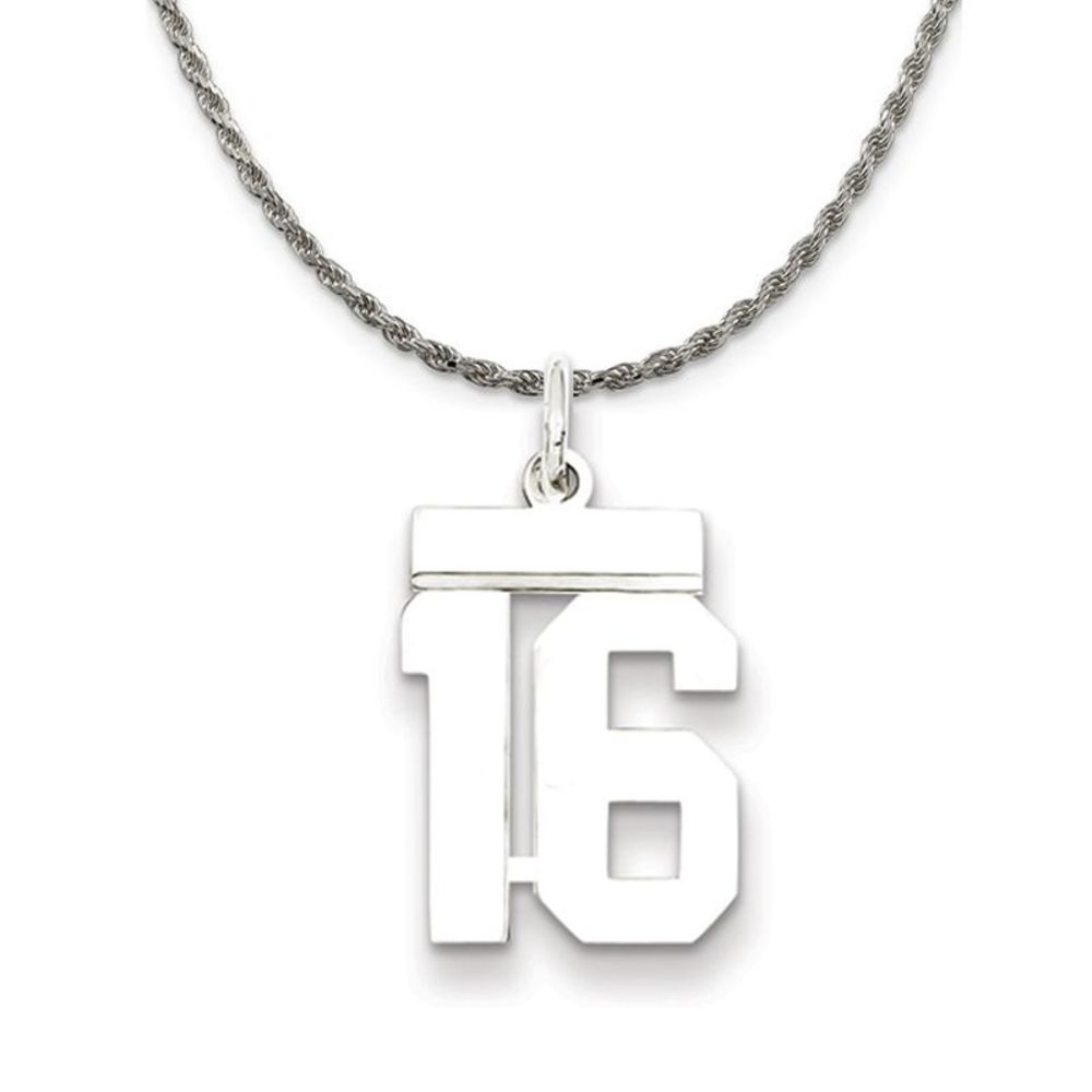 Sterling Silver Athletic Lg Polished Number 16 Necklace - 22 Inch